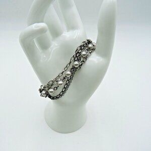 Cookie Lee Bracelet 8" Silver Tone Chain Imitation Pearl Beads Multi‎ Strand